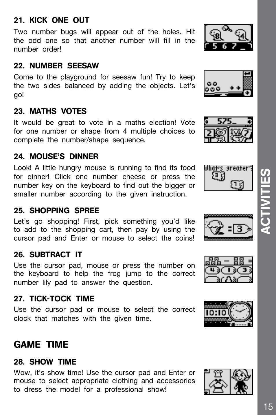 Acti vities, Game time | VTech CHALLENGER 91-002136-014-000 User Manual | Page 15 / 20