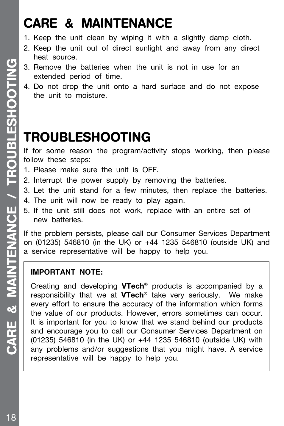 Care & maintenance, Troubleshooting, Care & maintenance / troubleshooting | VTech CHALLENGER 91-002136-014-000 User Manual | Page 18 / 20