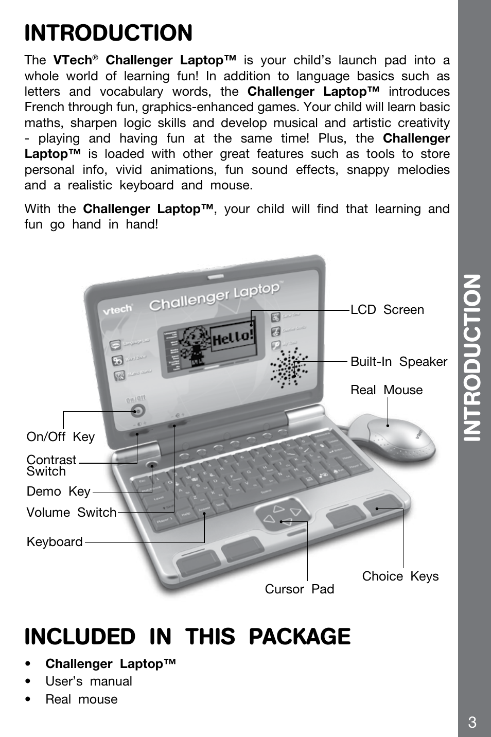 Introduction, Included in this package | VTech CHALLENGER 91-002136-014-000 User Manual | Page 3 / 20