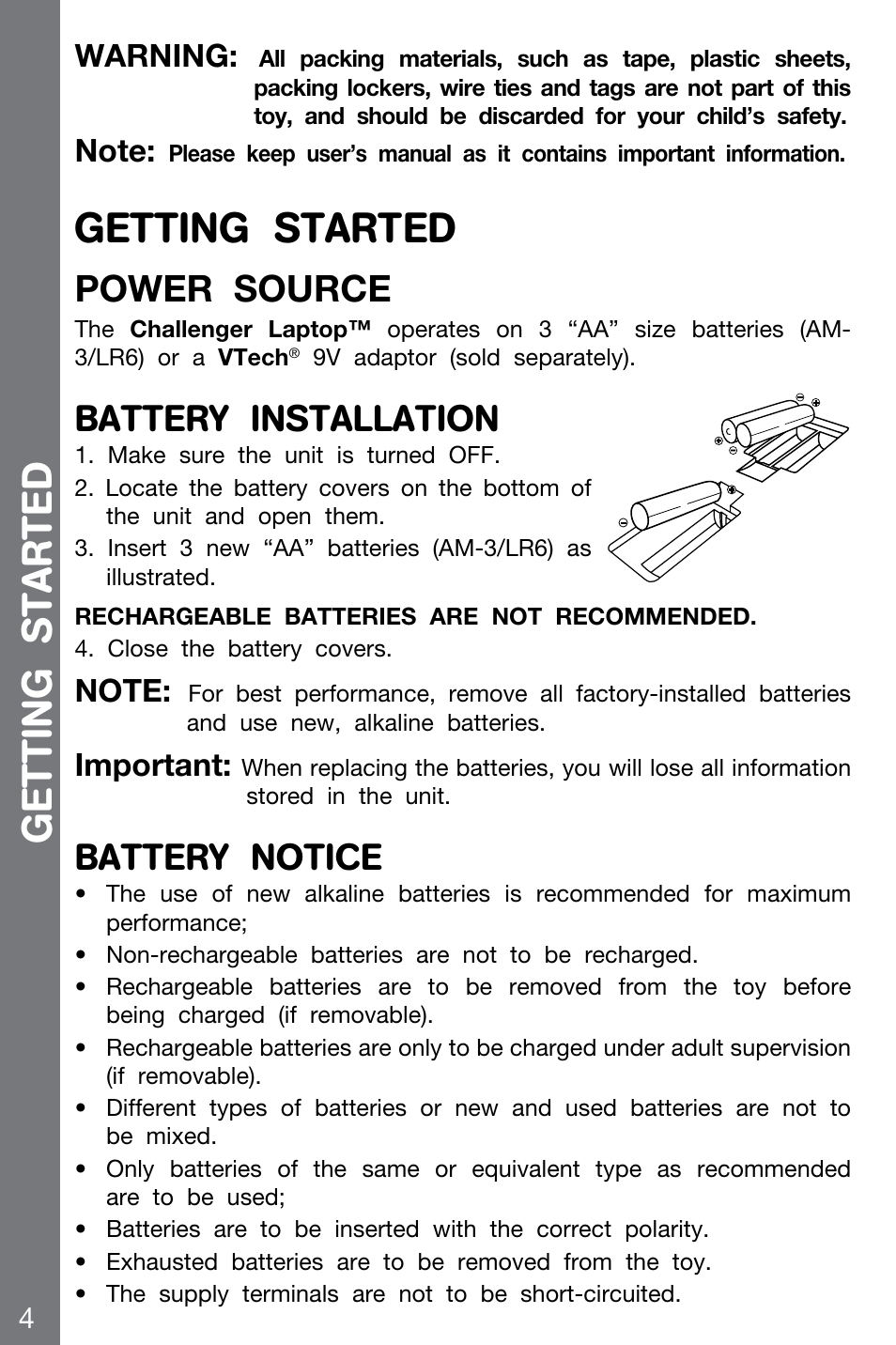 Getting started, Power source, Battery installation | Battery notice, Warning, Important | VTech CHALLENGER 91-002136-014-000 User Manual | Page 4 / 20