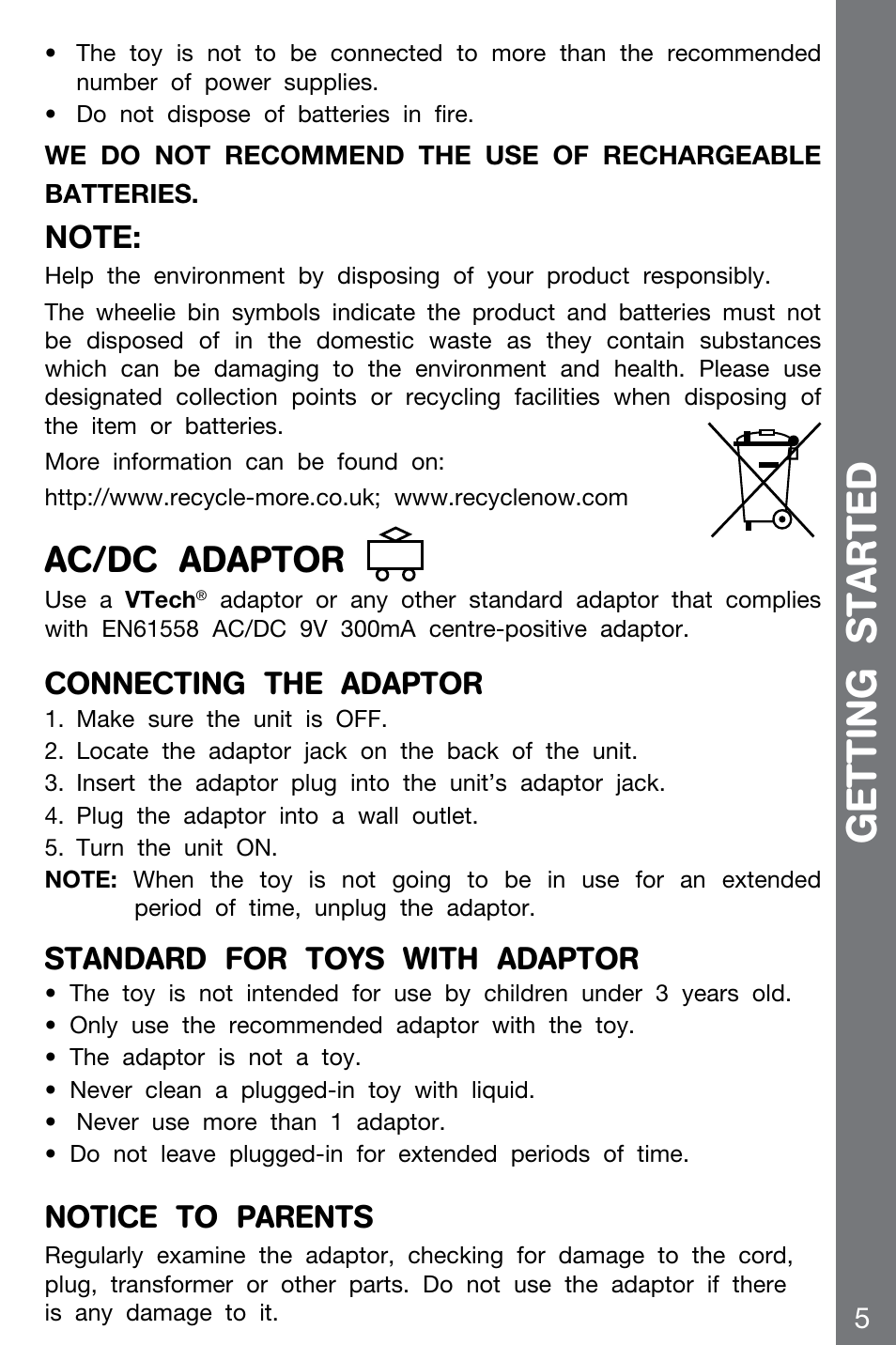 Getting started, Ac/dc adaptor, Connecting the adaptor | Standard for toys with adaptor, Notice to parents | VTech CHALLENGER 91-002136-014-000 User Manual | Page 5 / 20