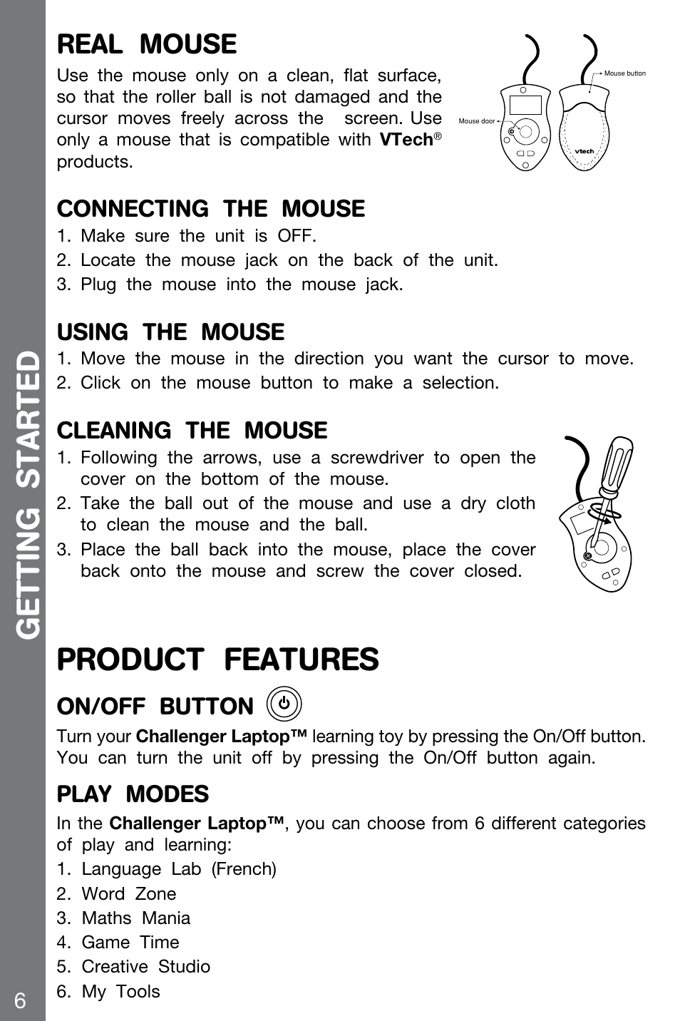 Product features, Getting started, Real mouse | Connecting the mouse, Using the mouse, Cleaning the mouse, On/off button, Play modes | VTech CHALLENGER 91-002136-014-000 User Manual | Page 6 / 20