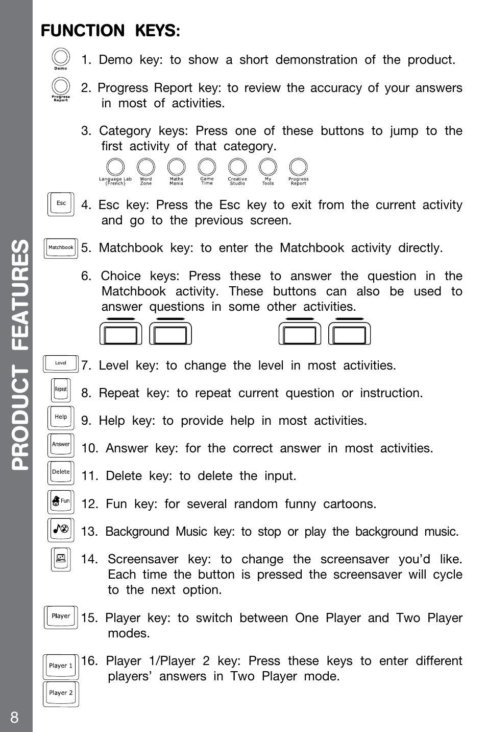 Product features, Function keys | VTech CHALLENGER 91-002136-014-000 User Manual | Page 8 / 20