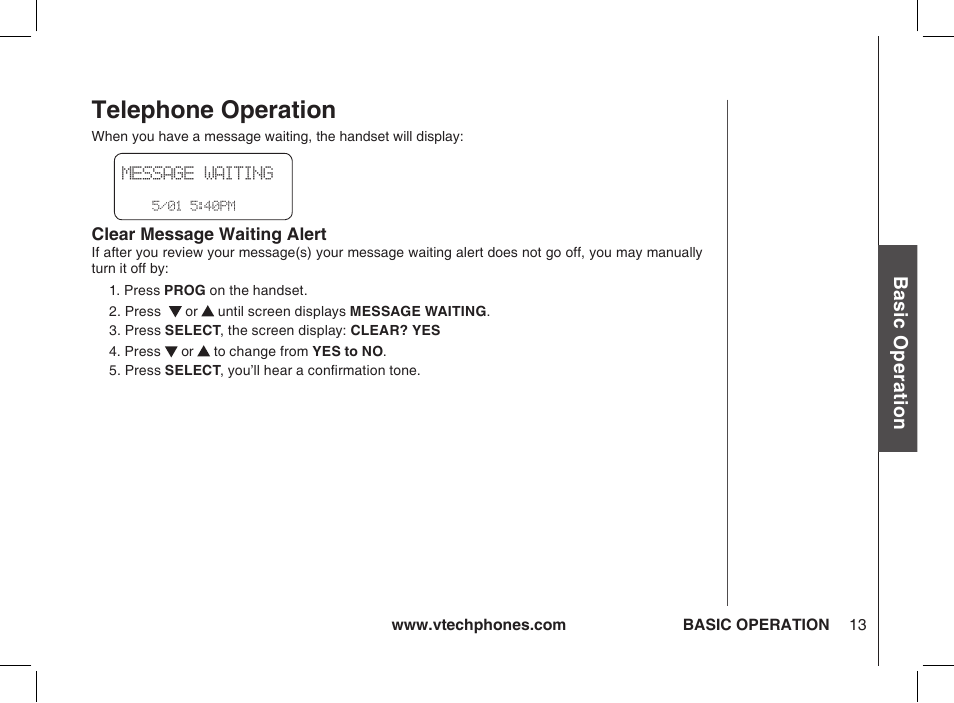 Telephone operation, Bas ic o pe ra tio n | VTech Ia5854 User Manual | Page 13 / 51