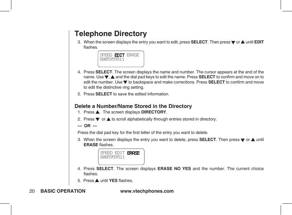 Telephone directory, Delete a number/name stored in the directory | VTech Ia5854 User Manual | Page 20 / 51