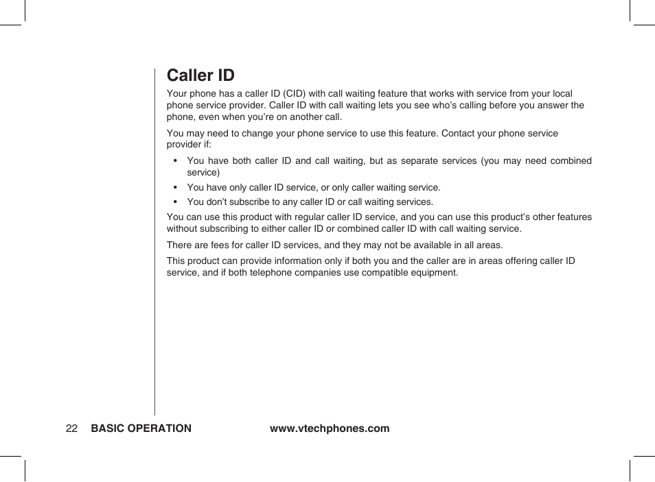Caller id | VTech Ia5854 User Manual | Page 22 / 51