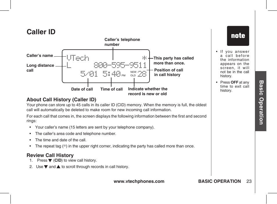 Caller id, Bas ic o pe ra tio n | VTech Ia5854 User Manual | Page 23 / 51