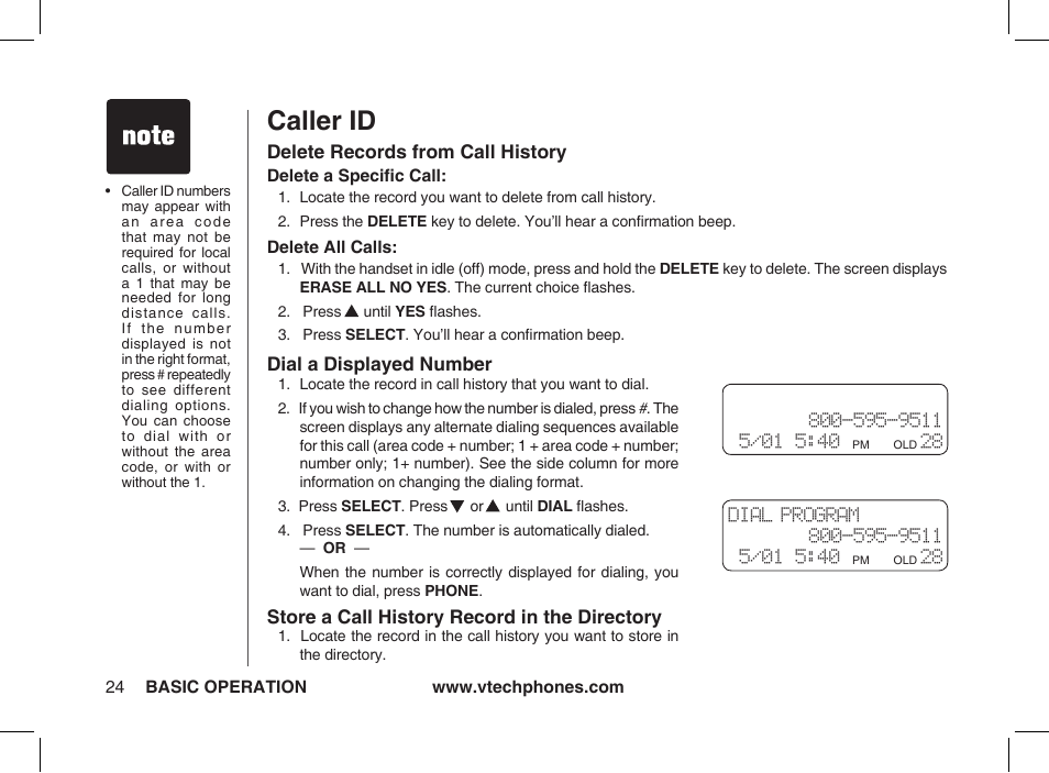 Caller id, Delete records from call history, Dial a displayed number | Store a call history record in the directory | VTech Ia5854 User Manual | Page 24 / 51