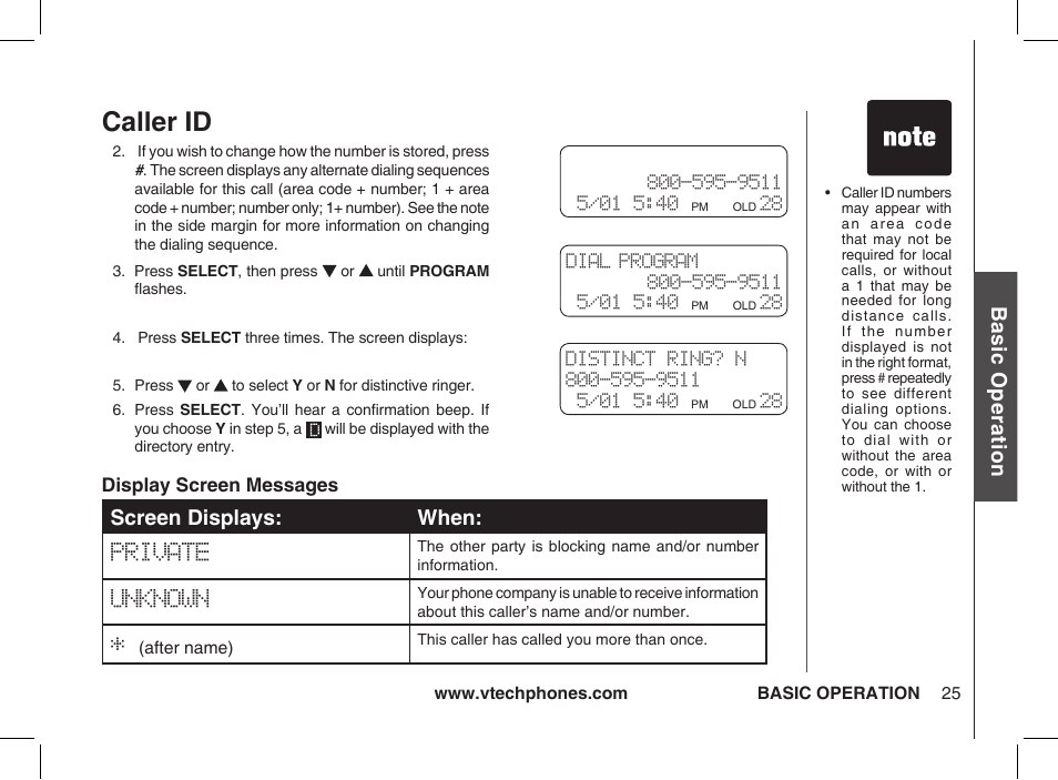 Caller id, Bas ic o pe ra tio n, Screen displays: when | VTech Ia5854 User Manual | Page 25 / 51