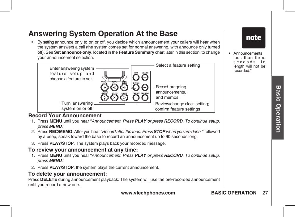 Answering system operation at the base, Bas ic o pe ra tio n | VTech Ia5854 User Manual | Page 27 / 51