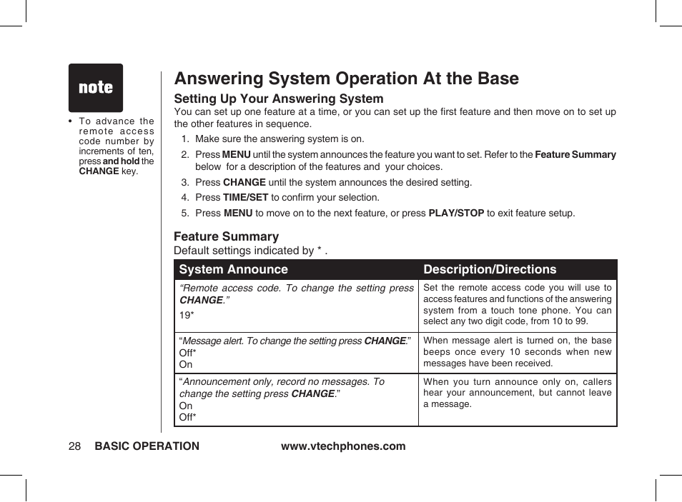 Answering system operation at the base | VTech Ia5854 User Manual | Page 28 / 51