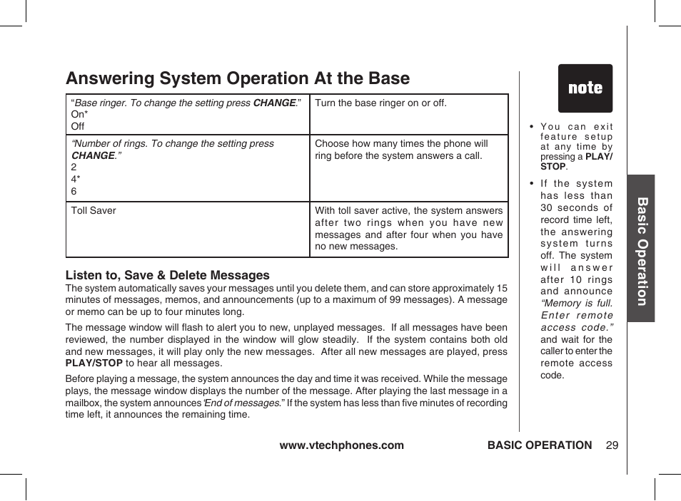 Answering system operation at the base, Bas ic o pe ra tio n | VTech Ia5854 User Manual | Page 29 / 51