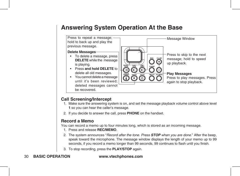 Answering system operation at the base | VTech Ia5854 User Manual | Page 30 / 51