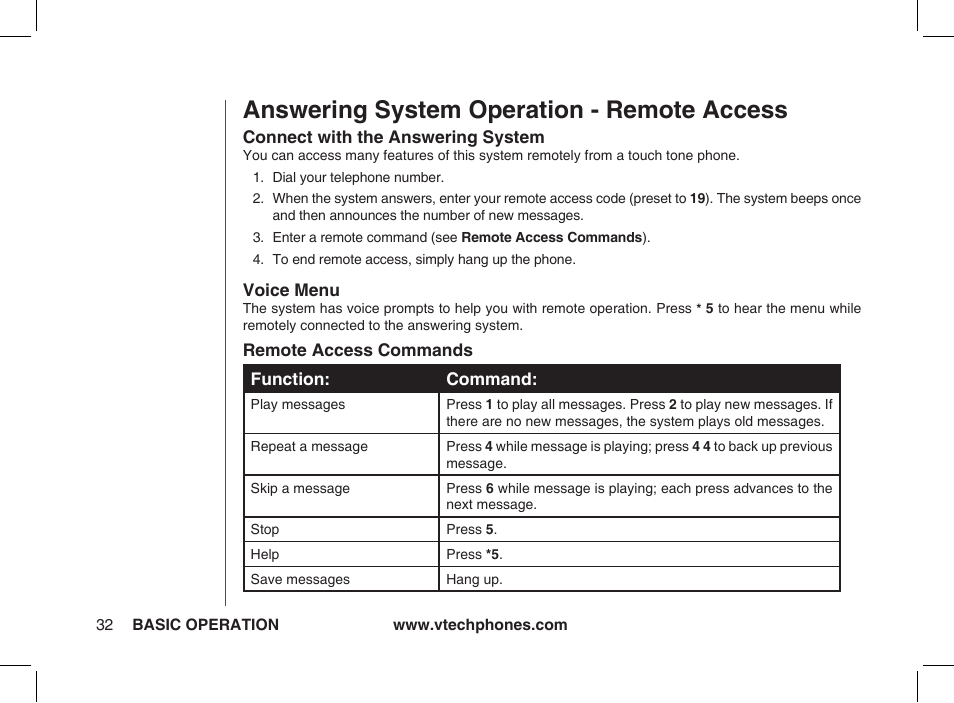 Answering system operation - remote access | VTech Ia5854 User Manual | Page 32 / 51