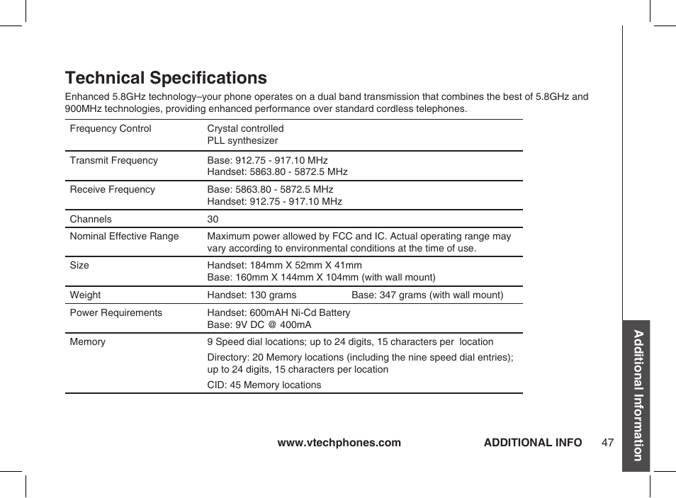 Technical specifications | VTech Ia5854 User Manual | Page 47 / 51