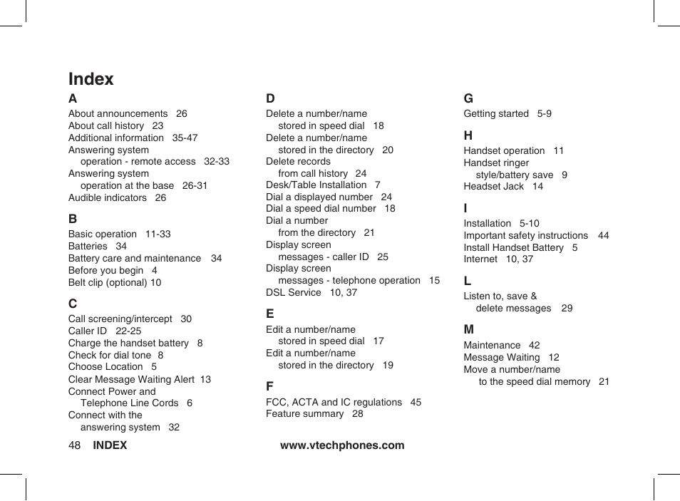 Index | VTech Ia5854 User Manual | Page 48 / 51