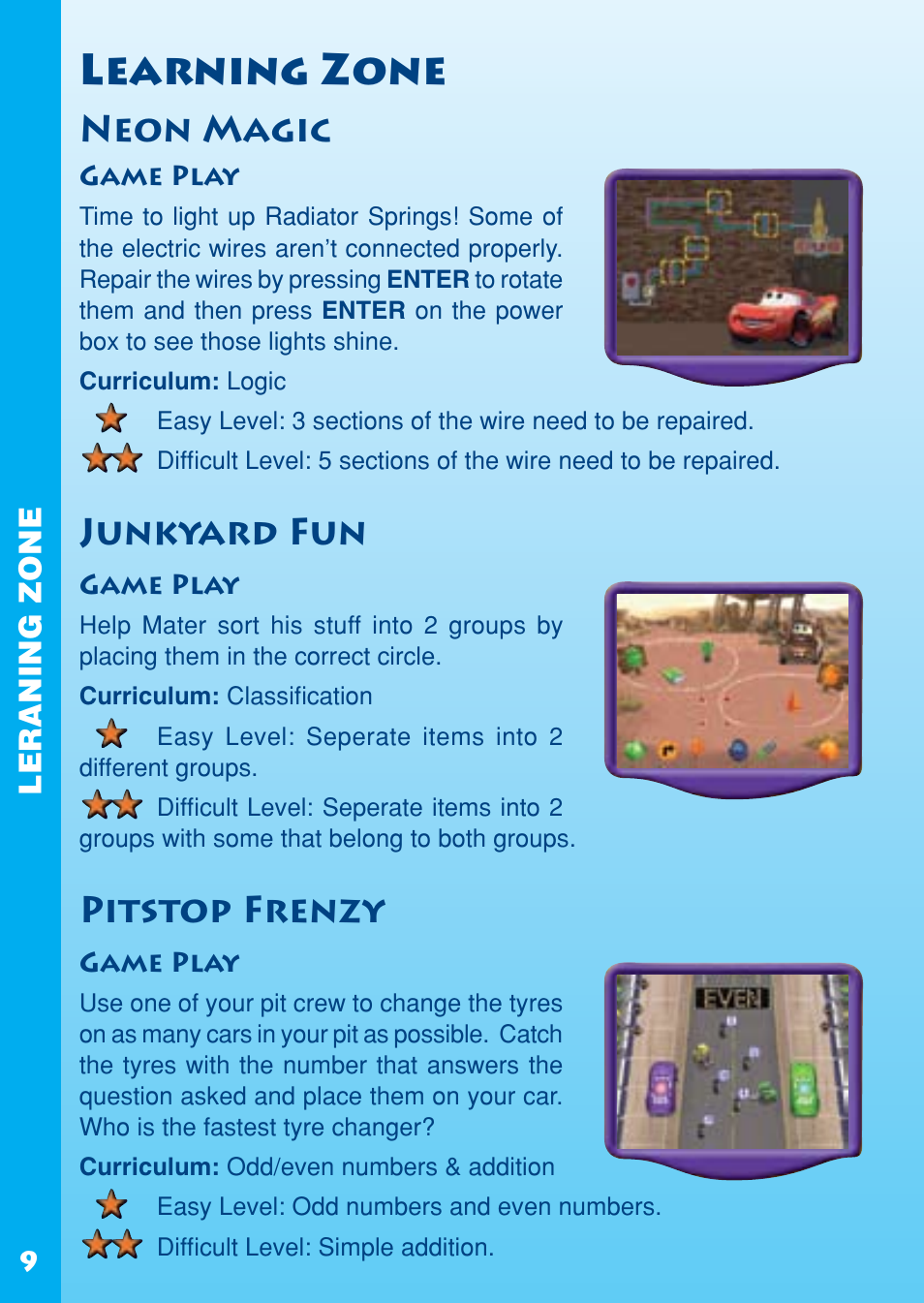 Learning zone, Neon magic, Junkyard fun | Pitstop frenzy | VTech REV IT UP IN RADIATOR SPRINGS User Manual | Page 10 / 16
