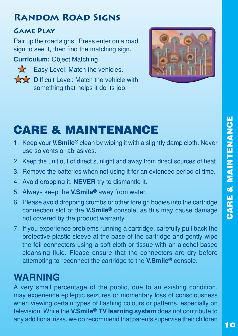Care & maintenance, Random road signs, Warning | VTech REV IT UP IN RADIATOR SPRINGS User Manual | Page 11 / 16