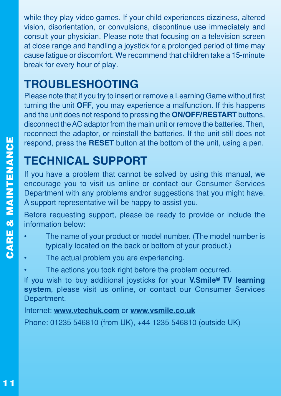 Troubleshooting, Technical support, Care & maintenance | VTech REV IT UP IN RADIATOR SPRINGS User Manual | Page 12 / 16