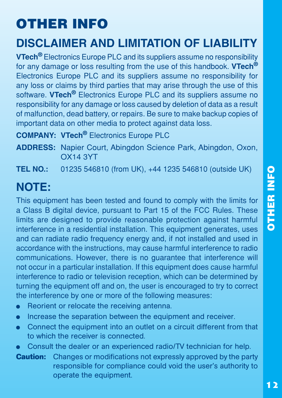 Other info, Disclaimer and limitation of liability | VTech REV IT UP IN RADIATOR SPRINGS User Manual | Page 13 / 16