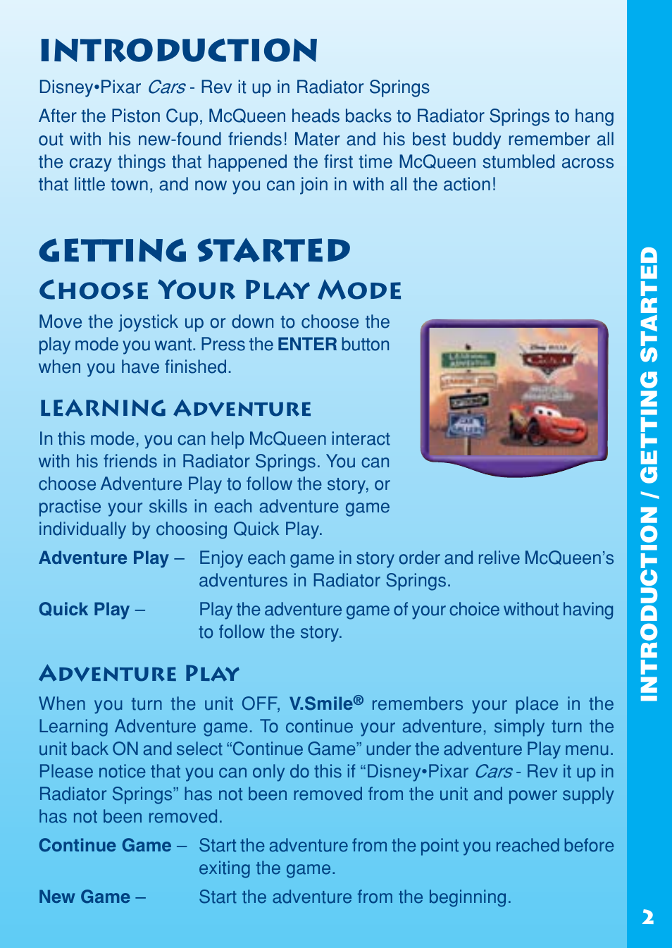 Introduction, Getting started, Choose your play mode | Learning adventure, Adventure play, Introduction / getting st ar ted | VTech REV IT UP IN RADIATOR SPRINGS User Manual | Page 3 / 16