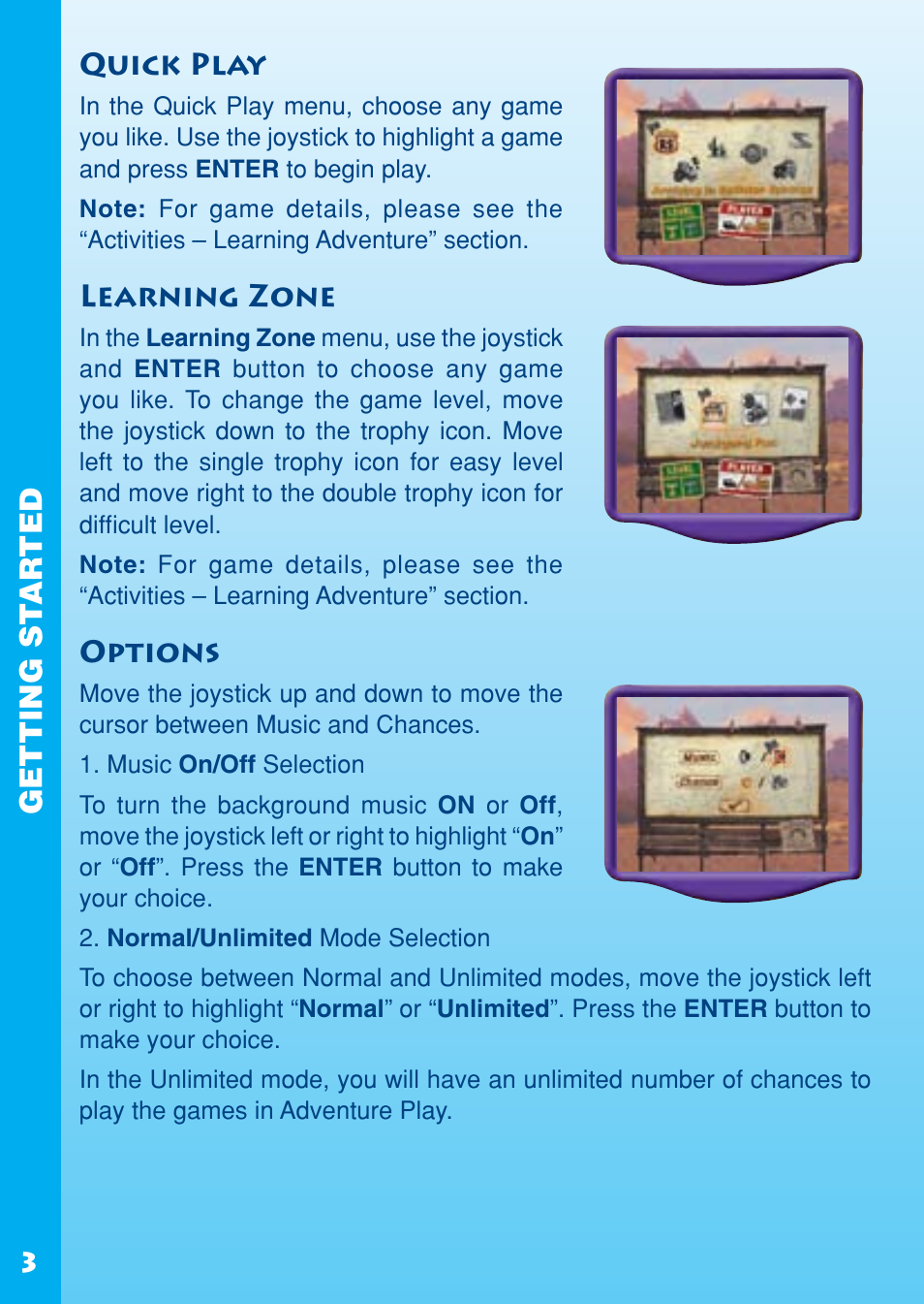 Quick play, Learning zone, Options | Getting st ar ted | VTech REV IT UP IN RADIATOR SPRINGS User Manual | Page 4 / 16