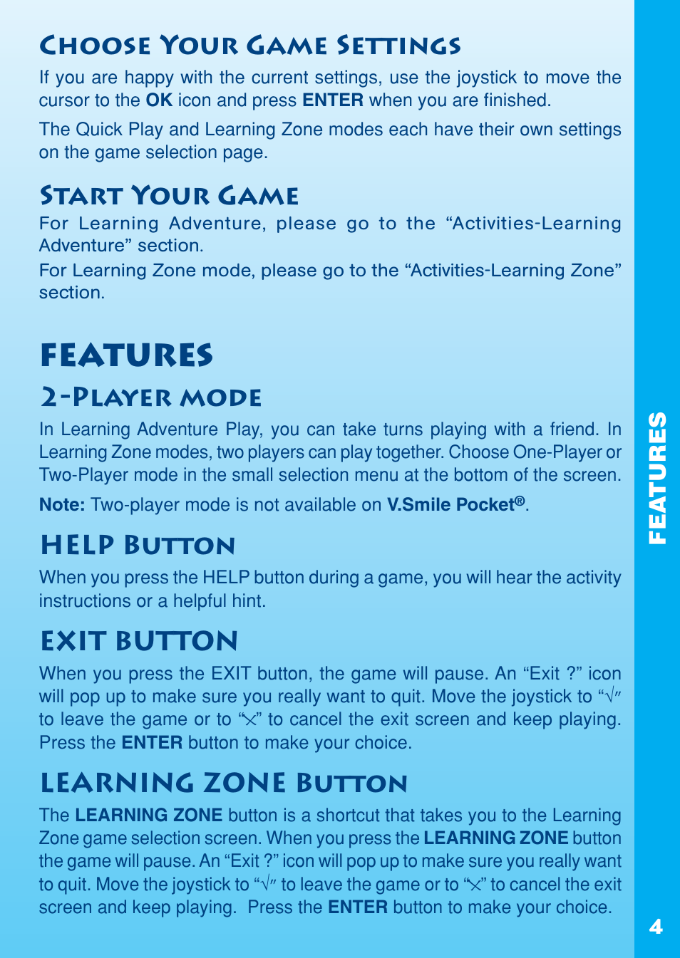 Features, Choose your game settings, Start your game | Player mode, Help button, Exit button, Learning zone button | VTech REV IT UP IN RADIATOR SPRINGS User Manual | Page 5 / 16