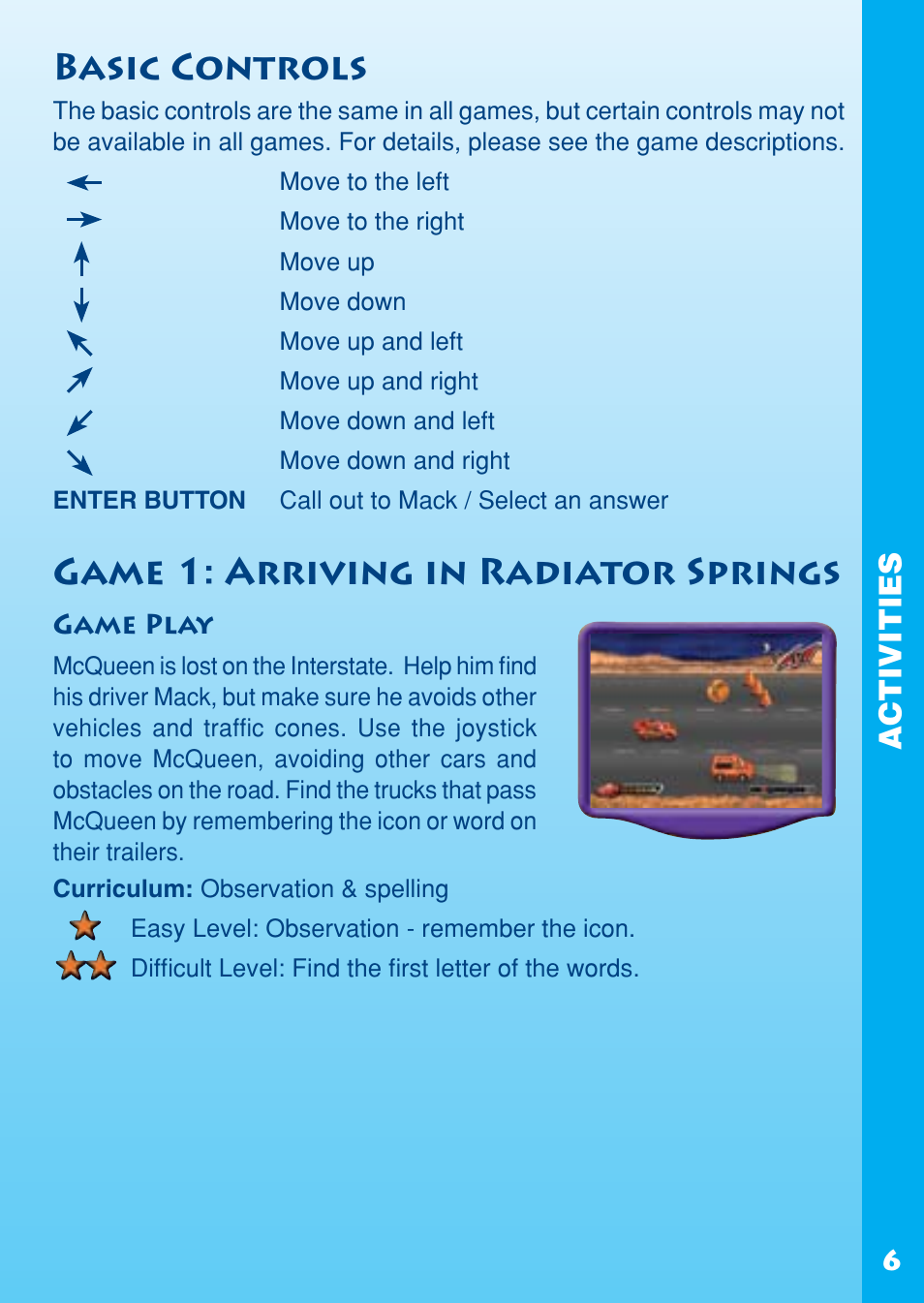 Basic controls, Game 1: arriving in radiator springs, Activities | VTech REV IT UP IN RADIATOR SPRINGS User Manual | Page 7 / 16