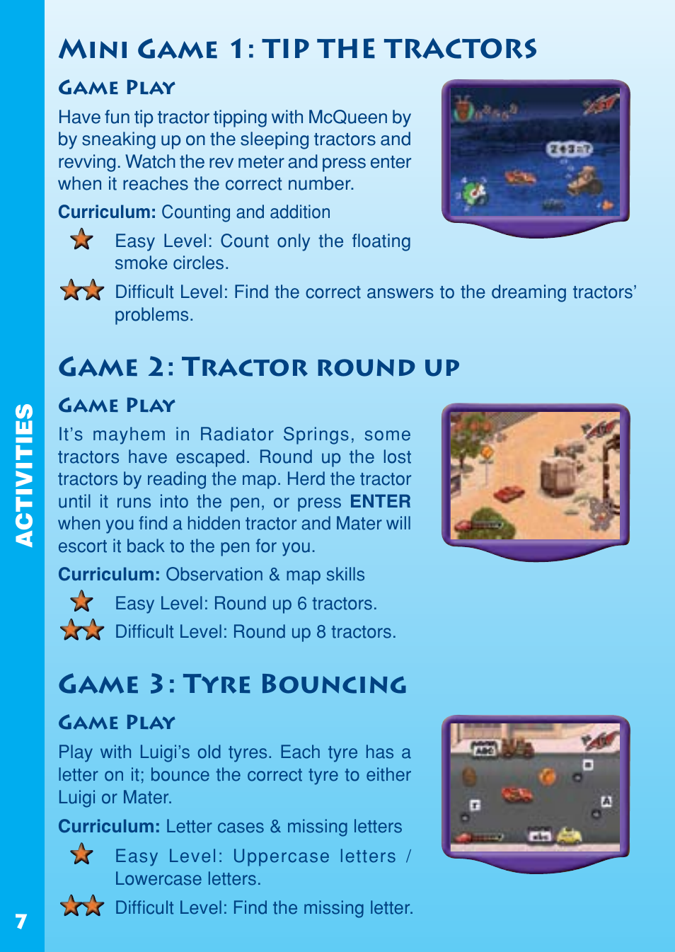 Mini game 1: tip the tractors, Game 2: tractor round up, Game 3: tyre bouncing | Activities | VTech REV IT UP IN RADIATOR SPRINGS User Manual | Page 8 / 16