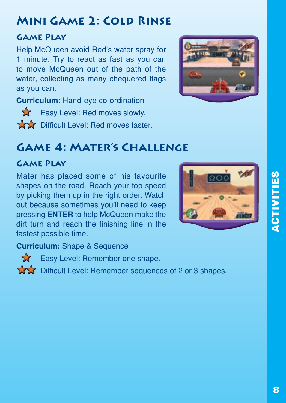 Mini game 2: cold rinse, Game 4: mater’s challenge | VTech REV IT UP IN RADIATOR SPRINGS User Manual | Page 9 / 16