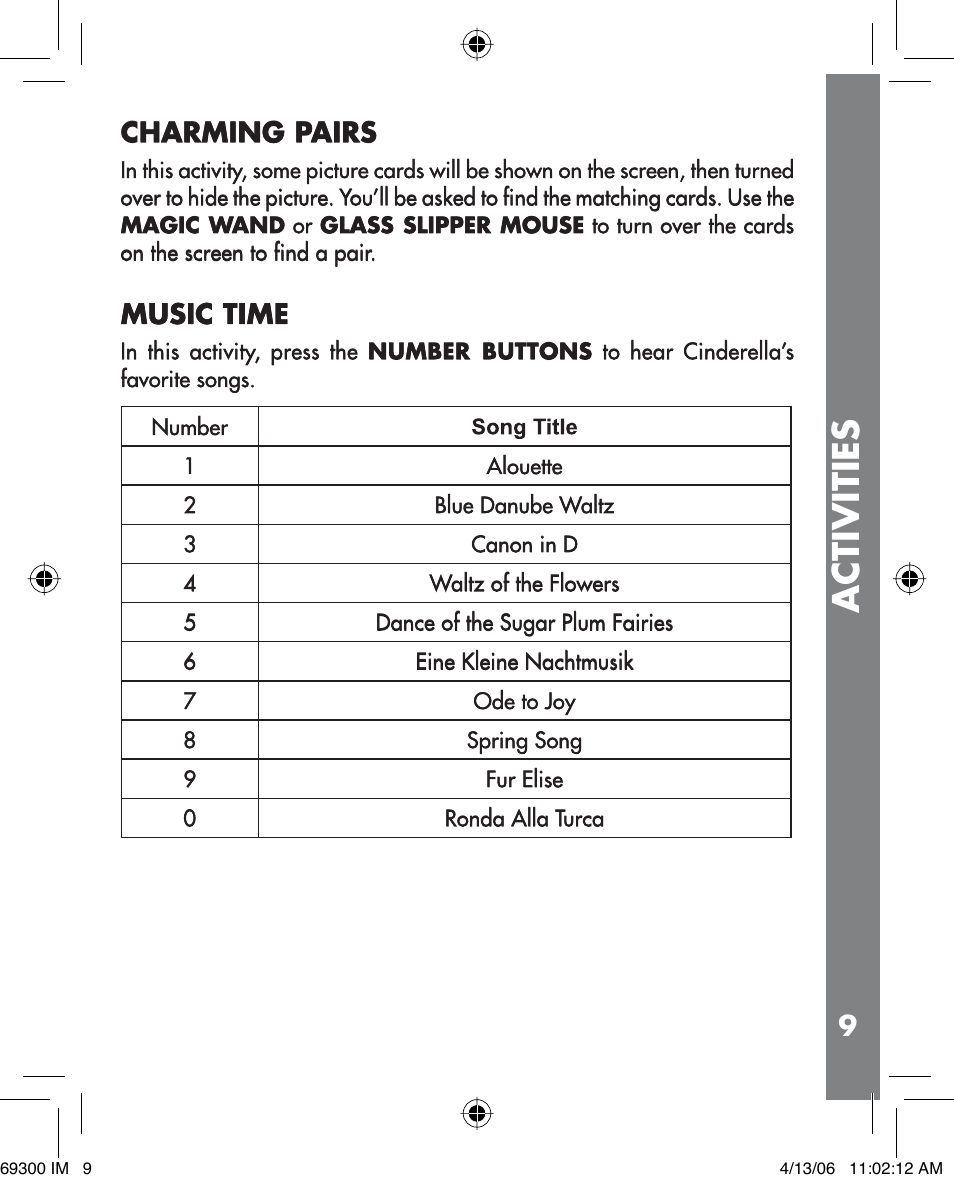 Activities, Charming pairs, Music time | VTech Cinderella Magic Wand Laptop User Manual | Page 10 / 12