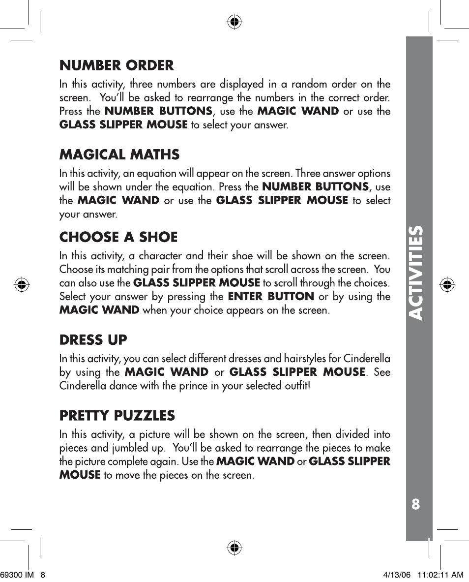 Activities | VTech Cinderella Magic Wand Laptop User Manual | Page 9 / 12