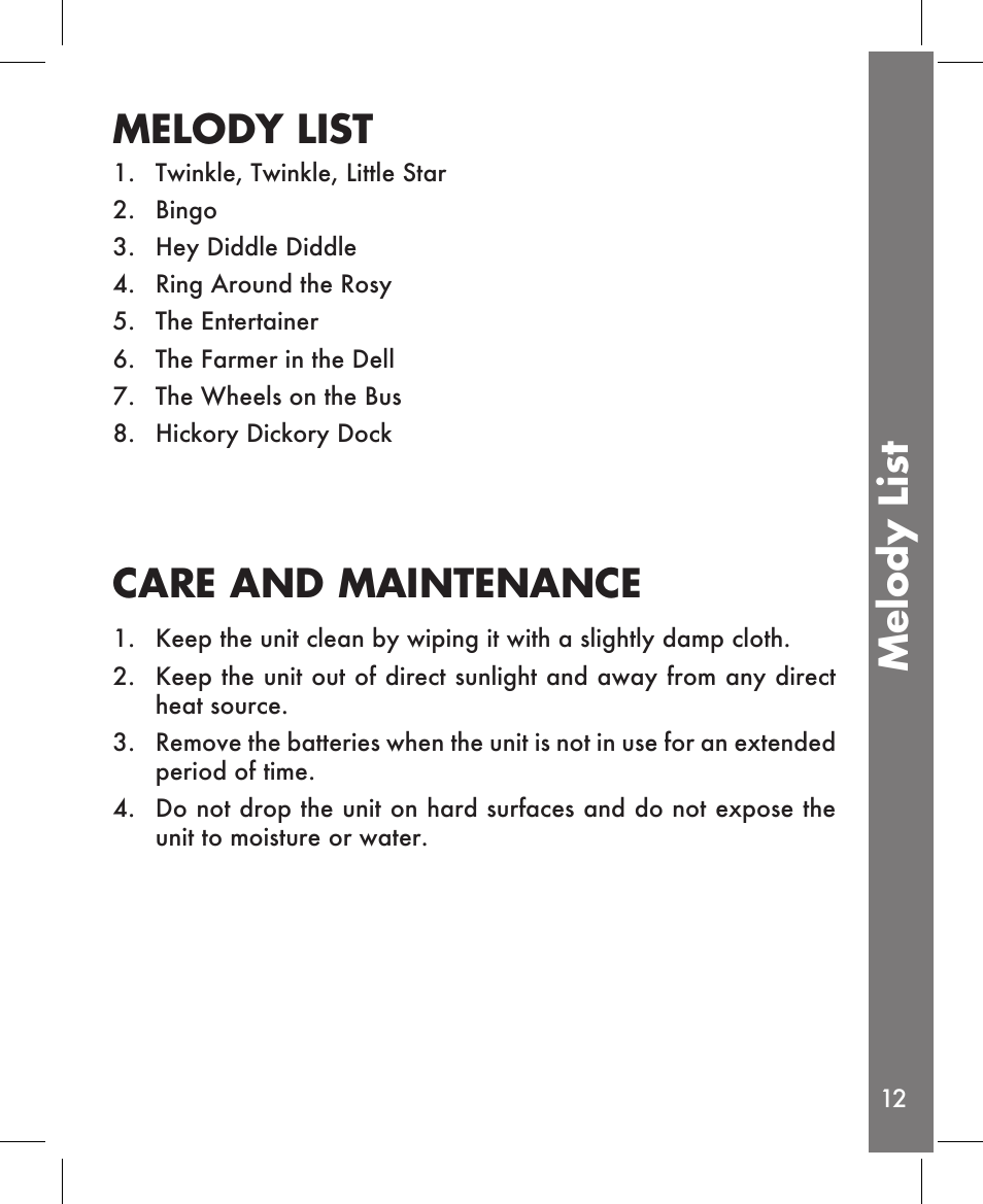 Melody list, Care and maintenance | VTech Sing Piano User Manual | Page 13 / 15