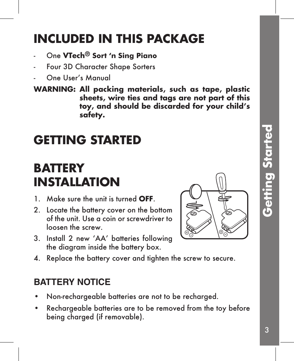 Included in this package, Getting started battery installation, Getting star ted | VTech Sing Piano User Manual | Page 4 / 15