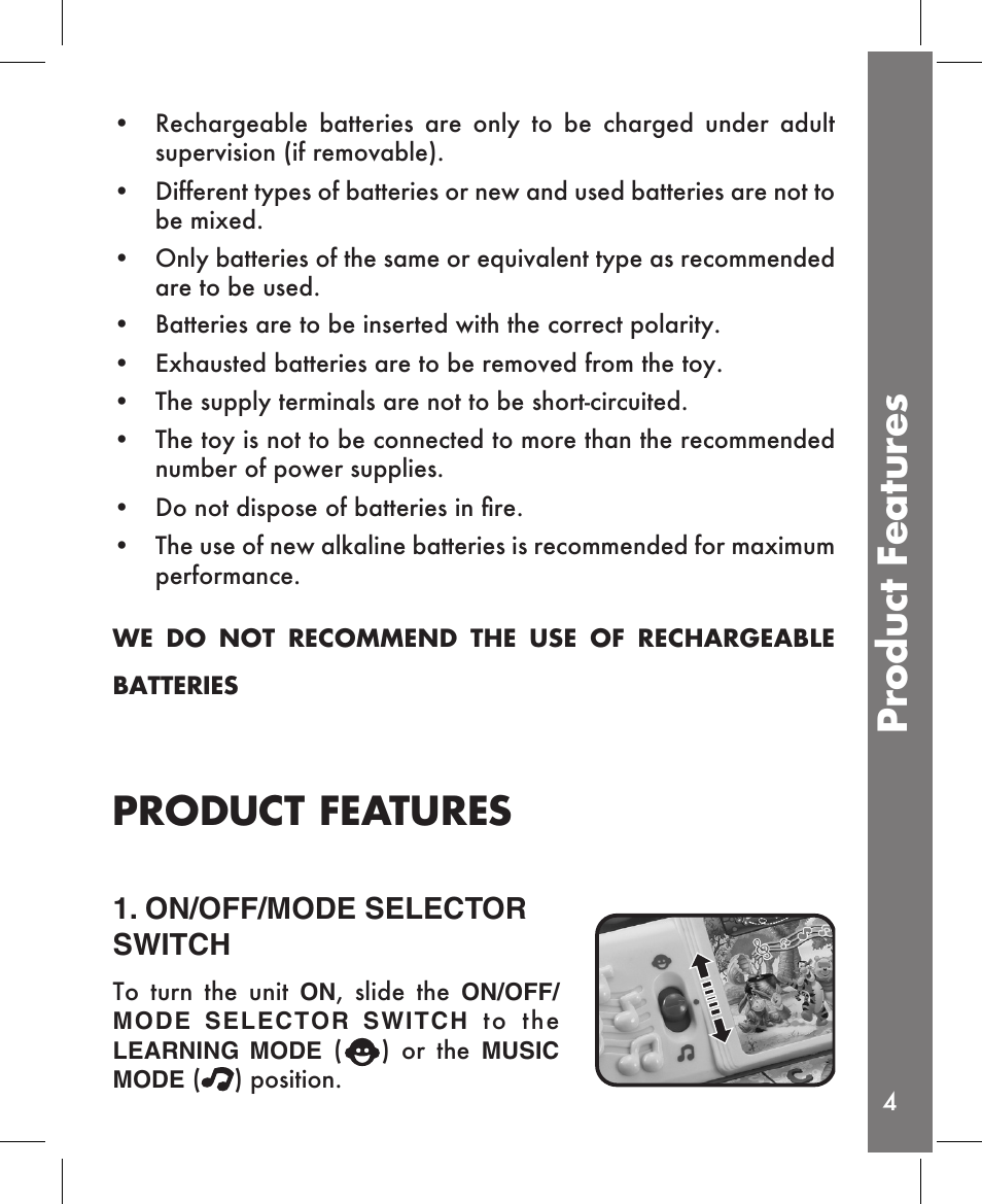 Product features, Pr oduct features, On/off/mode selector switch | VTech Sing Piano User Manual | Page 5 / 15