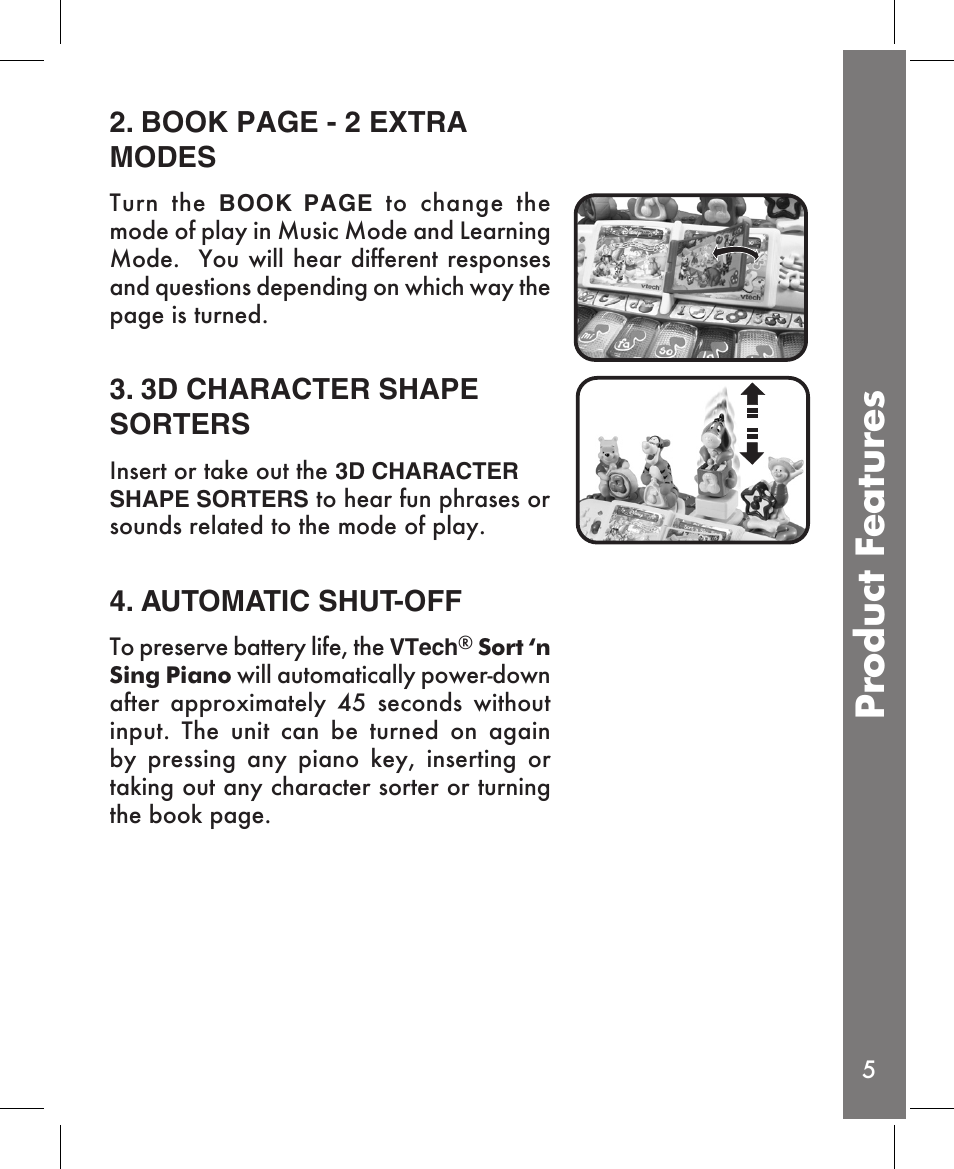 Pr oduct features, Book page - 2 extra modes, 3d character shape sorters | Automatic shut-off | VTech Sing Piano User Manual | Page 6 / 15