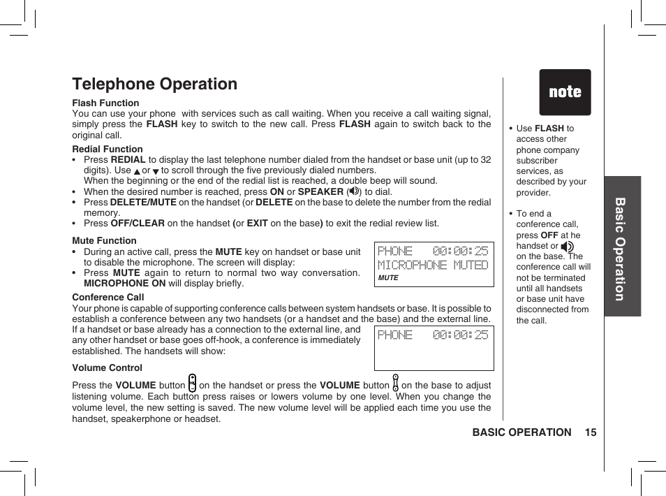 Telephone operation, Bas ic o pe ra tio n | VTech BS5872 User Manual | Page 15 / 53
