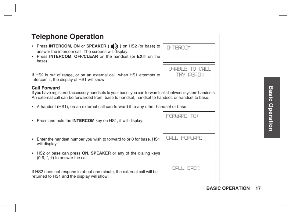 Telephone operation, Bas ic o pe ra tio n | VTech BS5872 User Manual | Page 17 / 53