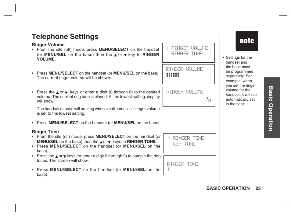 Telephone settings, Bas ic o pe ra tio n | VTech BS5872 User Manual | Page 23 / 53
