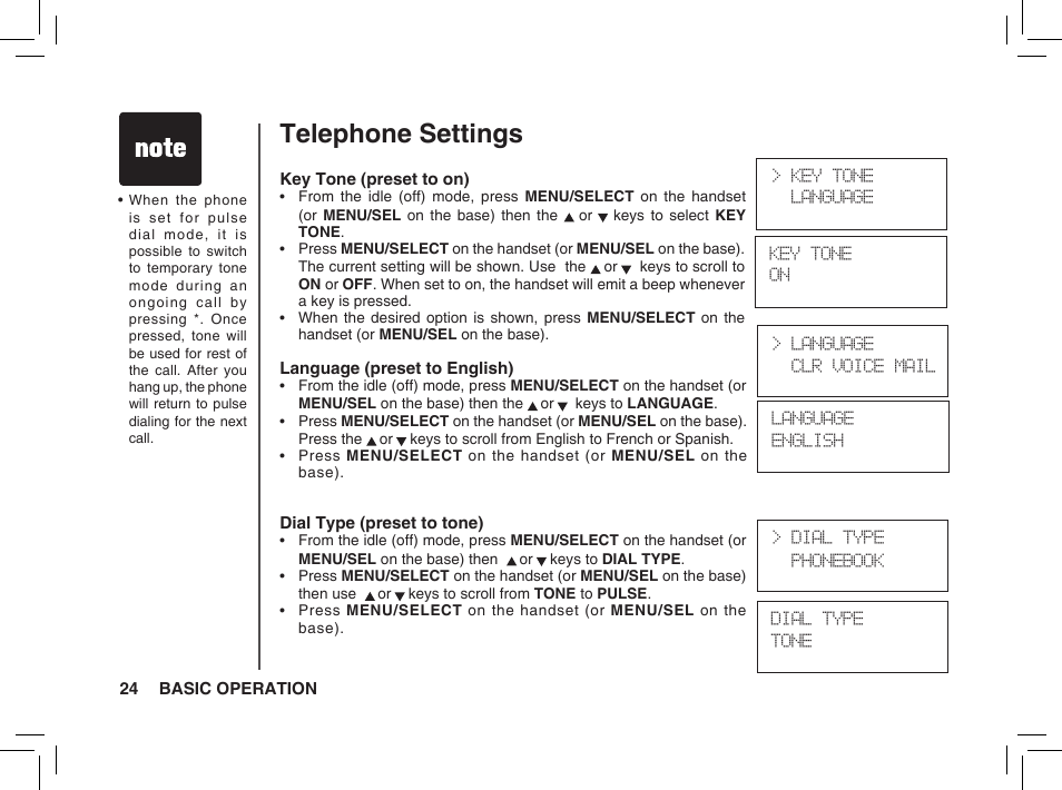Telephone settings | VTech BS5872 User Manual | Page 24 / 53