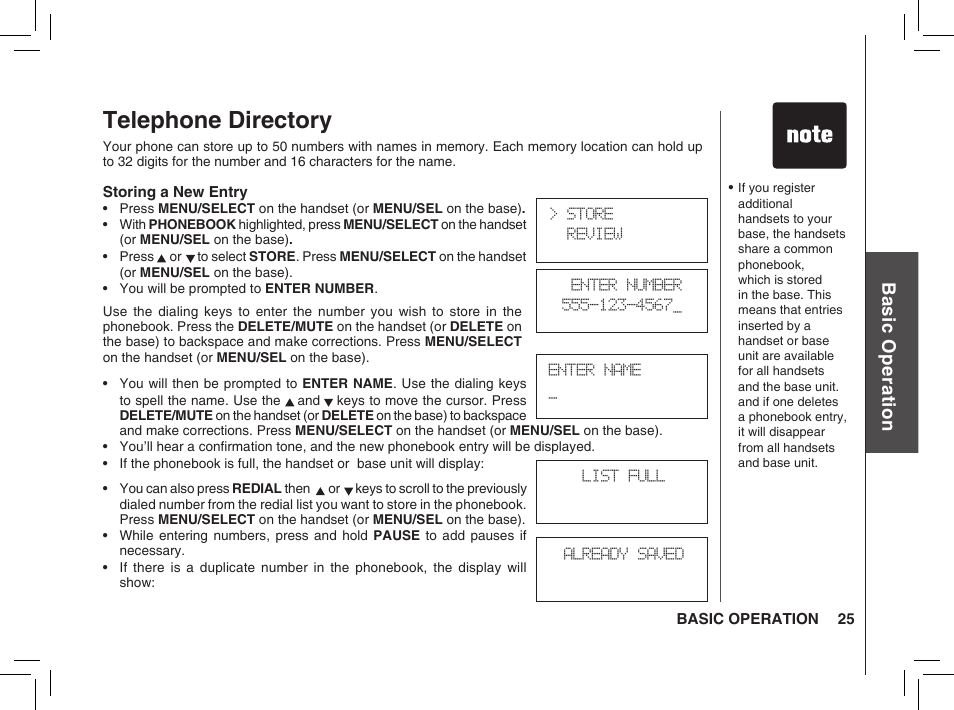 Telephone directory, Bas ic o pe ra tio n | VTech BS5872 User Manual | Page 25 / 53