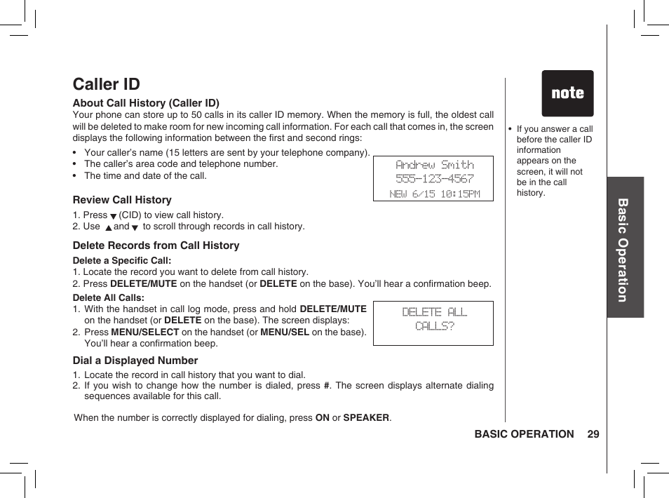 Caller id, Bas ic o pe ra tio n | VTech BS5872 User Manual | Page 29 / 53