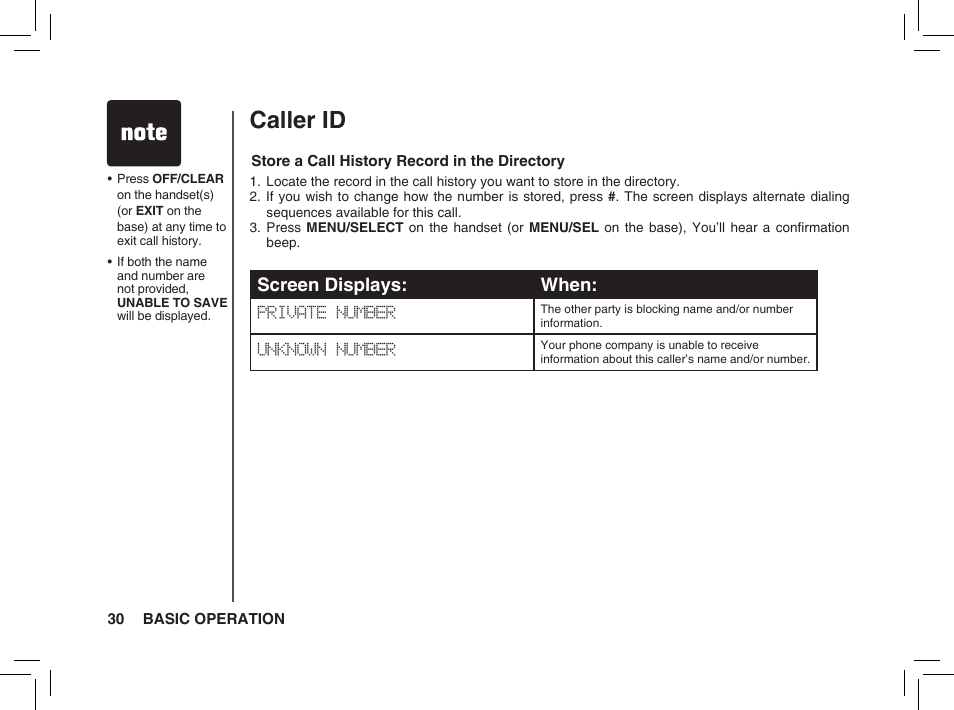 Caller id, Screen displays: when | VTech BS5872 User Manual | Page 30 / 53