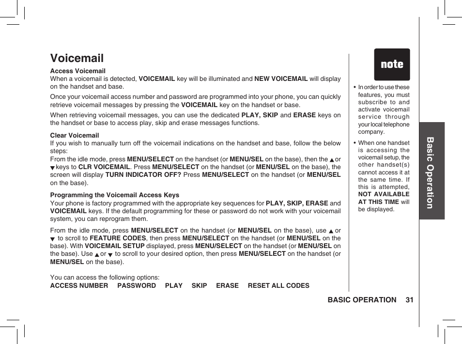 Voicemail, Bas ic o pe ra tio n | VTech BS5872 User Manual | Page 31 / 53