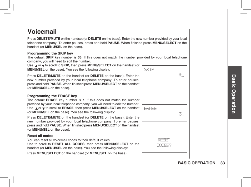 Voicemail, Bas ic o pe ra tio n | VTech BS5872 User Manual | Page 33 / 53