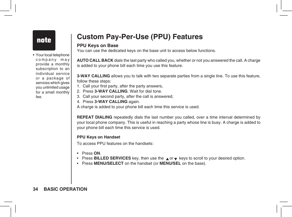 Custom pay-per-use (ppu) features | VTech BS5872 User Manual | Page 34 / 53