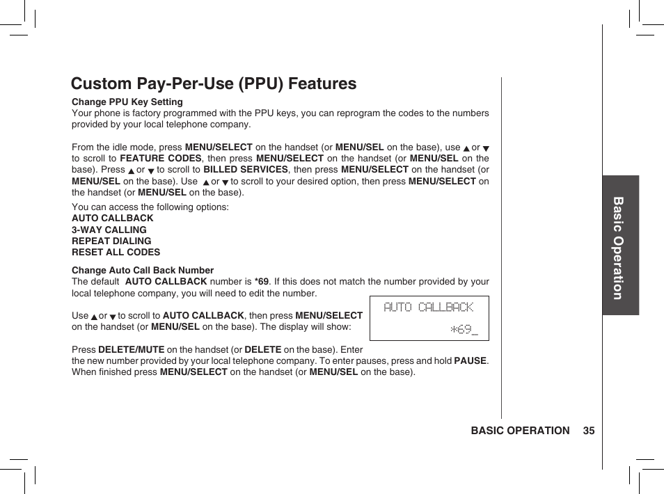 Custom pay-per-use (ppu) features, Bas ic o pe ra tio n | VTech BS5872 User Manual | Page 35 / 53