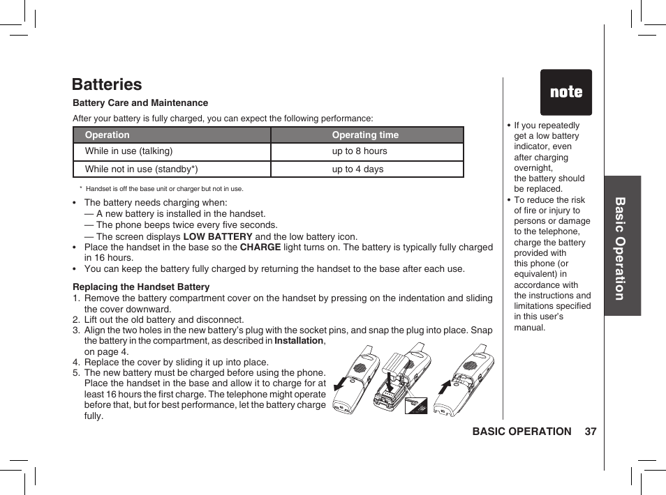 Batteries, Bas ic o pe ra tio n | VTech BS5872 User Manual | Page 37 / 53