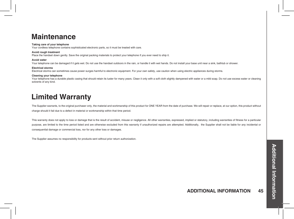 Maintenance, Limited warranty, Additional information | VTech BS5872 User Manual | Page 45 / 53