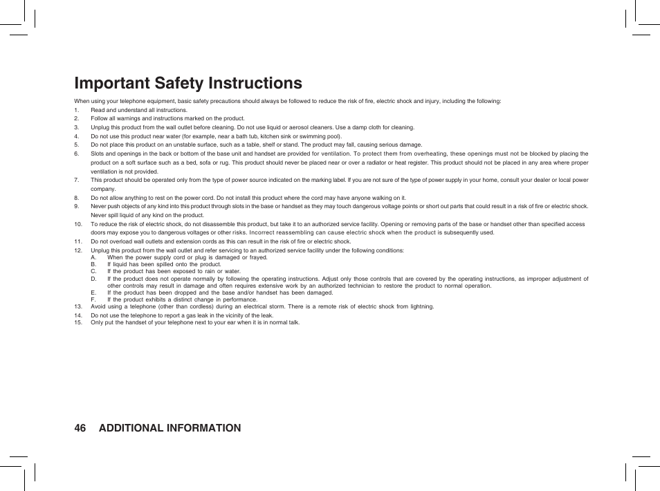 Important safety instructions, 46 additional information | VTech BS5872 User Manual | Page 46 / 53